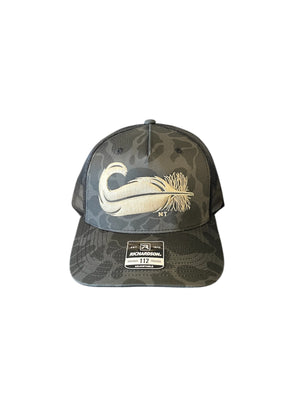 Old school black duck camo feather cap